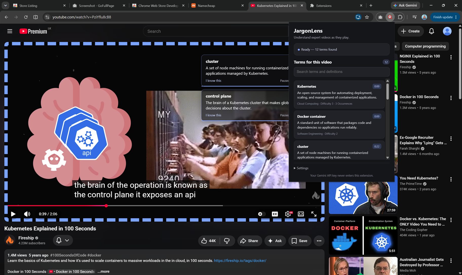 JargonLens running on a YouTube video about Kubernetes: definition cards for 'cluster' and 'control plane' overlay the player, and the extension popup lists all 12 terms found in the video with a search box.